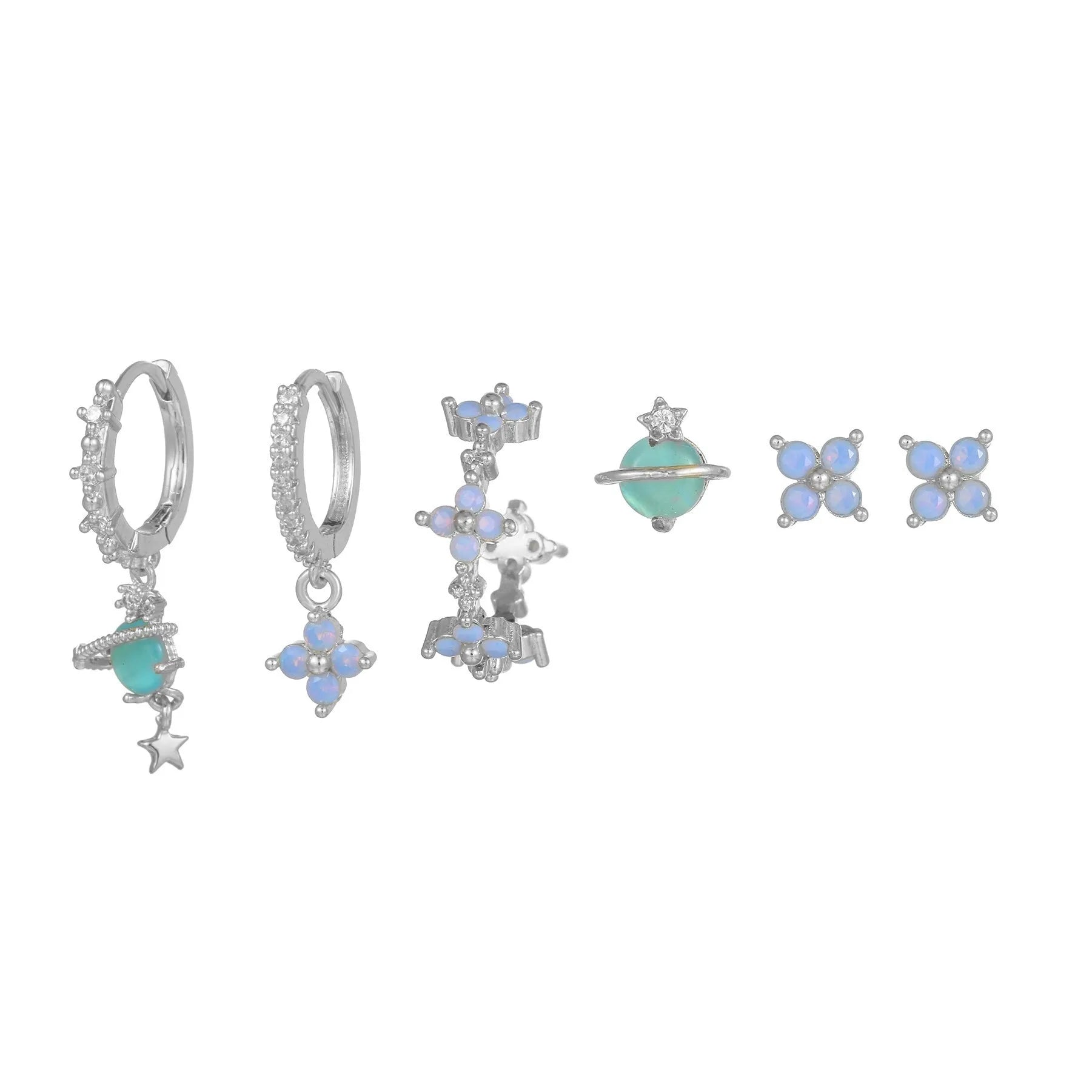Floral ear studs with zircon accents in gold or silver finish, Japanese Korean style design