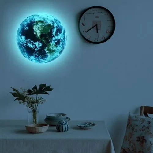 Glow in the dark 3D Earth planet wall sticker showing luminous effect in darkness