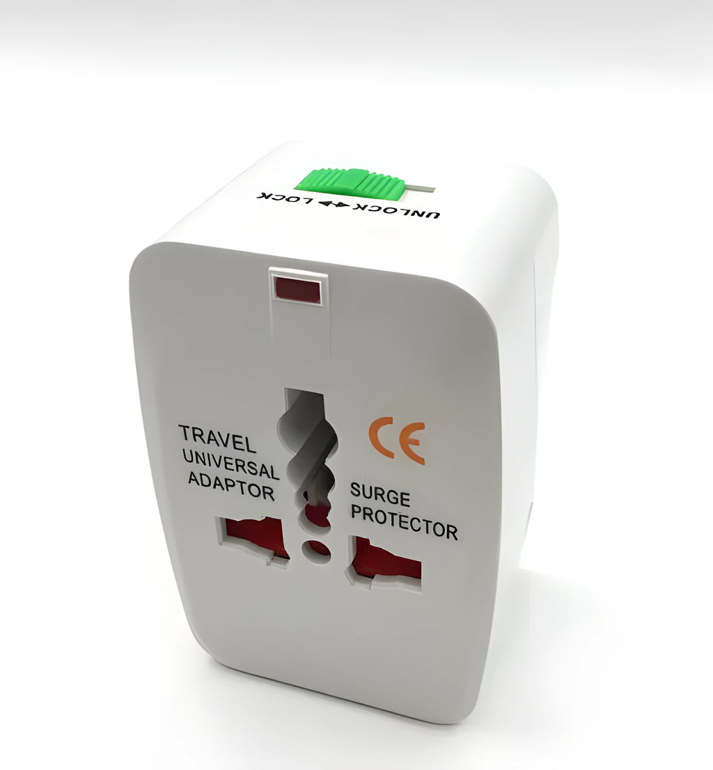 Universal travel plug converter unit showing 73x50x39mm compact dimensions and international plug compatibility