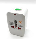 Universal travel plug converter unit showing 73x50x39mm compact dimensions and international plug compatibility