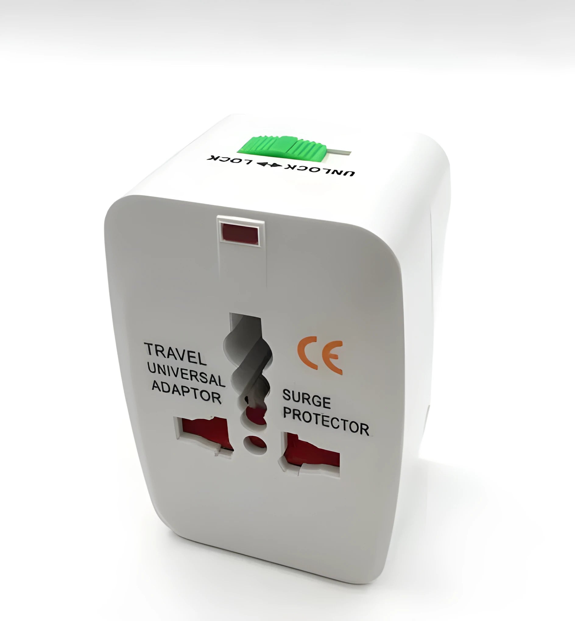 Universal travel plug converter unit showing 73x50x39mm compact dimensions and international plug compatibility