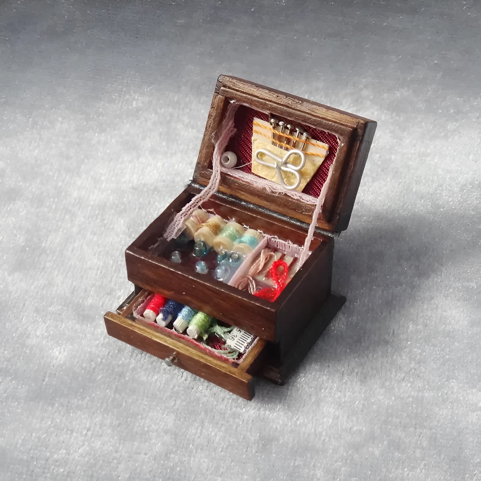 Miniature vintage wooden sewing box ornament with European style design measuring 2.2cm × 3.4cm × 2.3cm