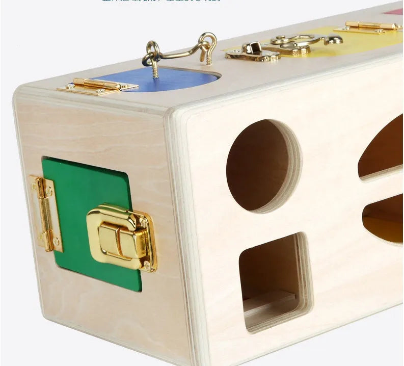 Wooden educational shape lock box preschool toy with 12 matching pieces