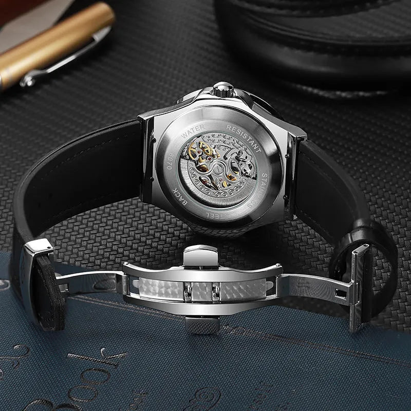 Automatic mechanical men's watch with hollow movement and diamond studding on white shell case