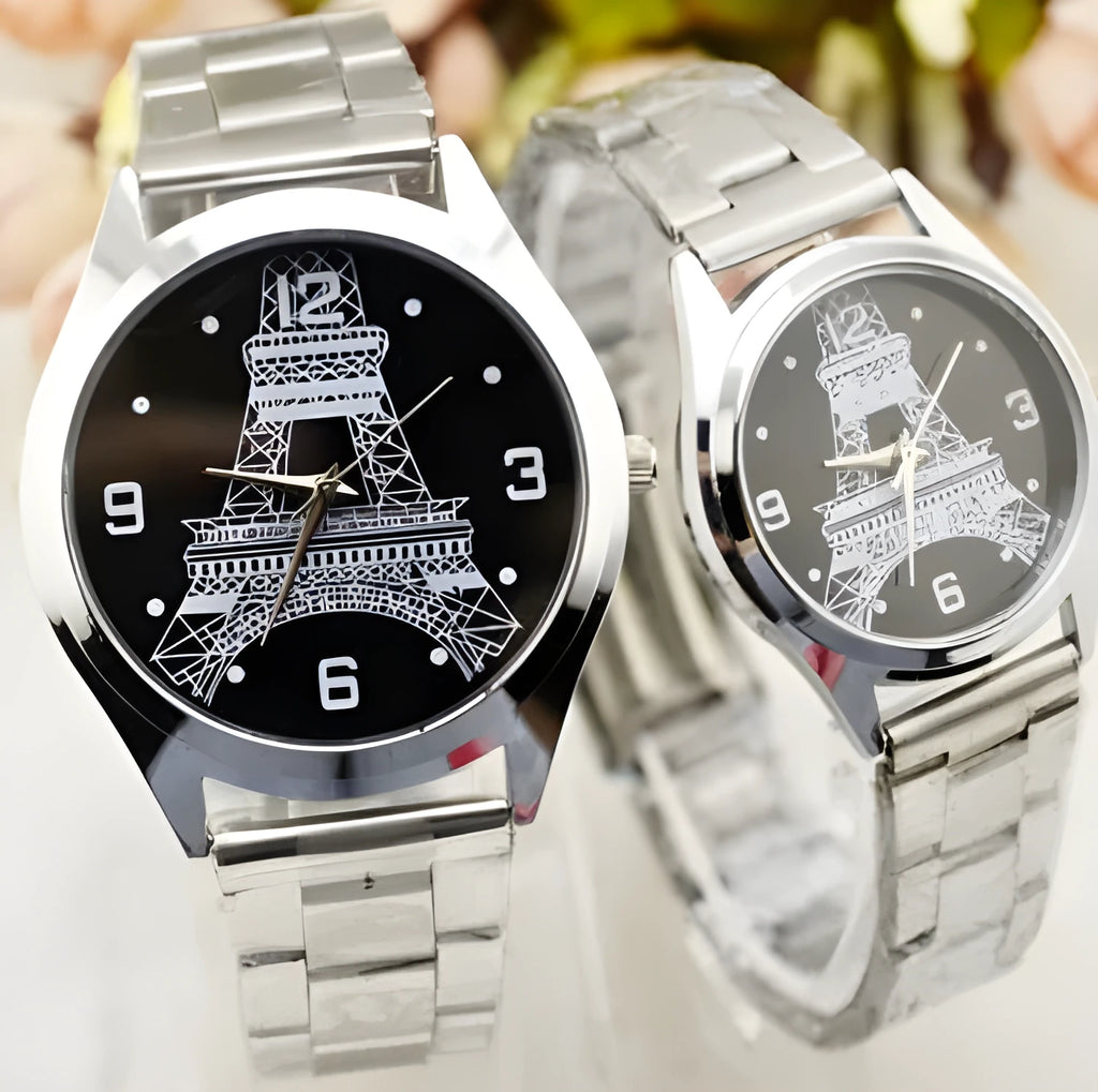 Black dial wrist watch with Eiffel Tower silhouette on stainless steel strap