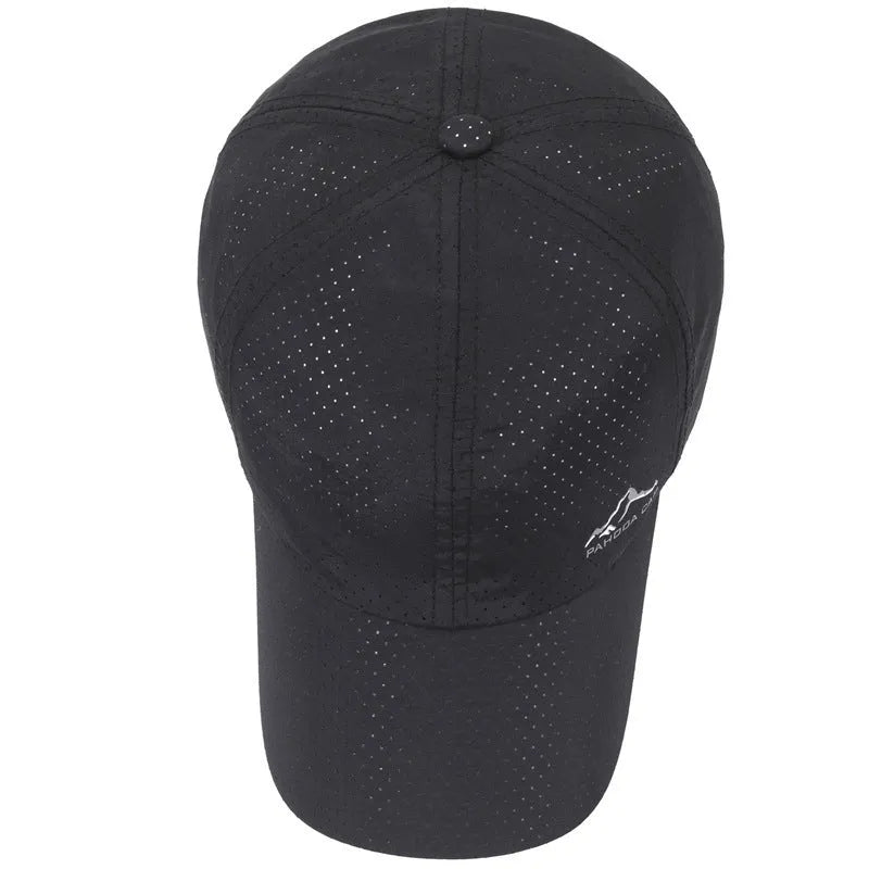 Adjustable baseball cap in polyester fabric on a solid colour background, showing dome crown and strap.