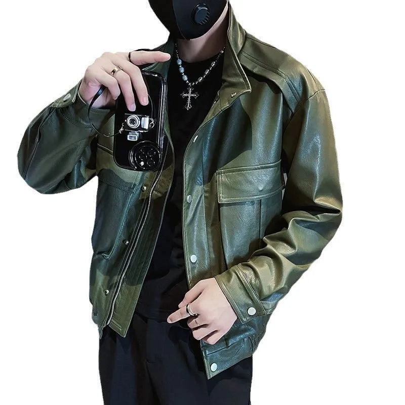 Men's black Korean style pilot leather jacket with side seam pockets on a hanger.