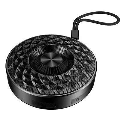 Mini circular Bluetooth speaker in black, orange and silvery white colours showing compact design