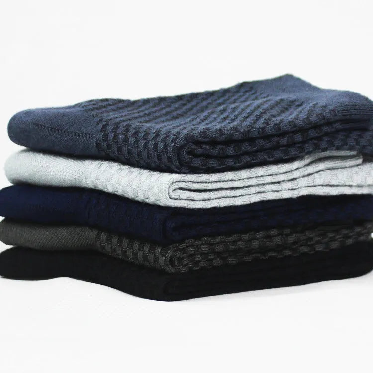 Men's bamboo fibre business socks with small square pattern in black, grey blue, iron grey, navy blue, and silver grey colours