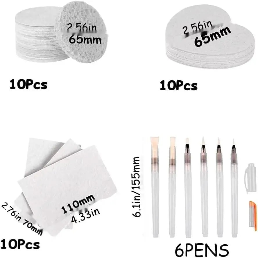Wood pulp paper painting set with 30 sheets, 6 fountain pens, and heart, round, and square shaped blank sponges.
