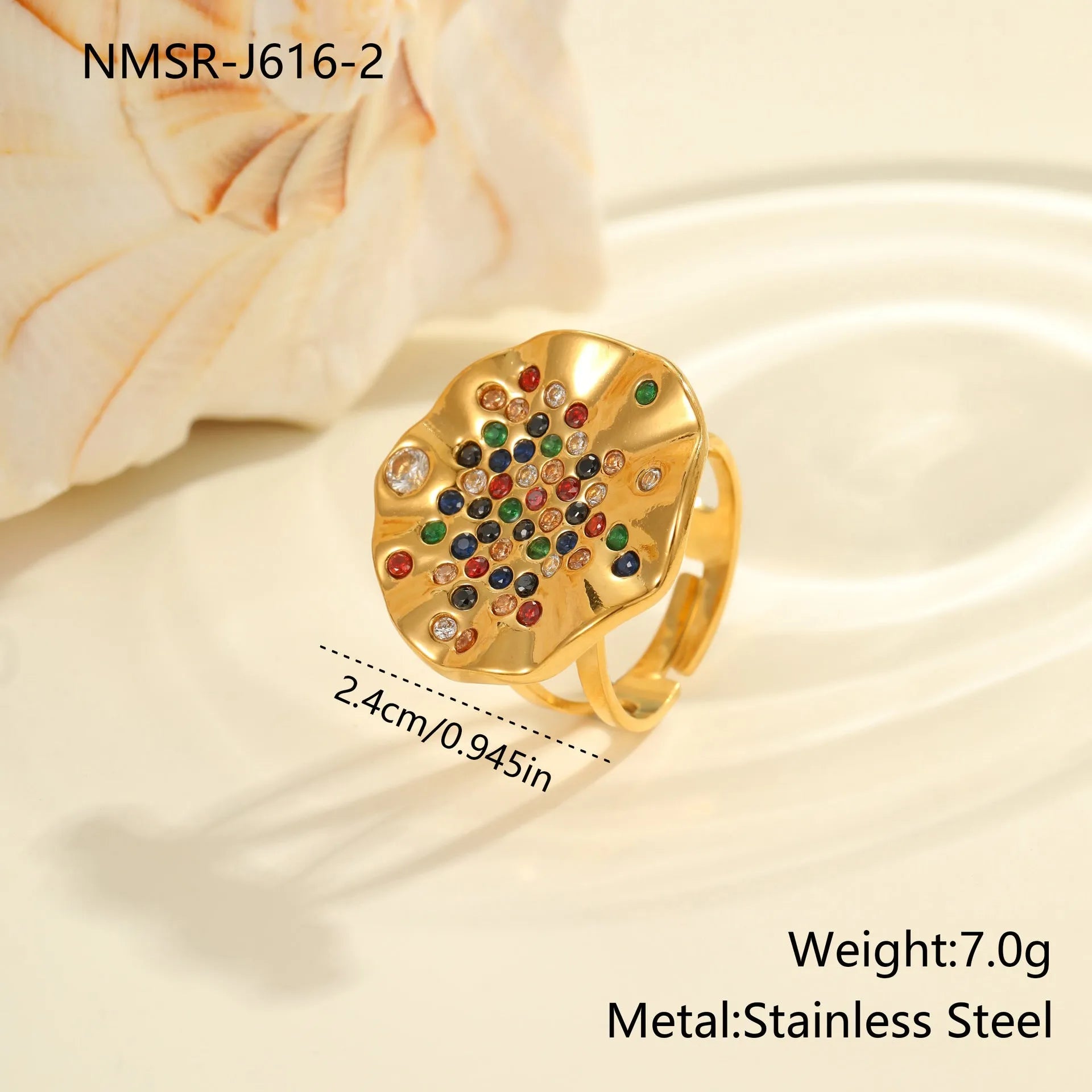 Geometric pleated stainless steel ring with inlaid colour diamonds and open mouth design
