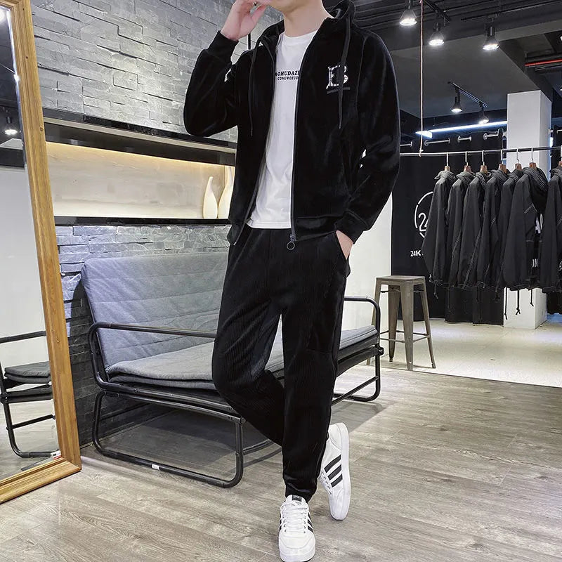 Gold velvet men casual tracksuit set with seven minute sleeves top and long trousers in black