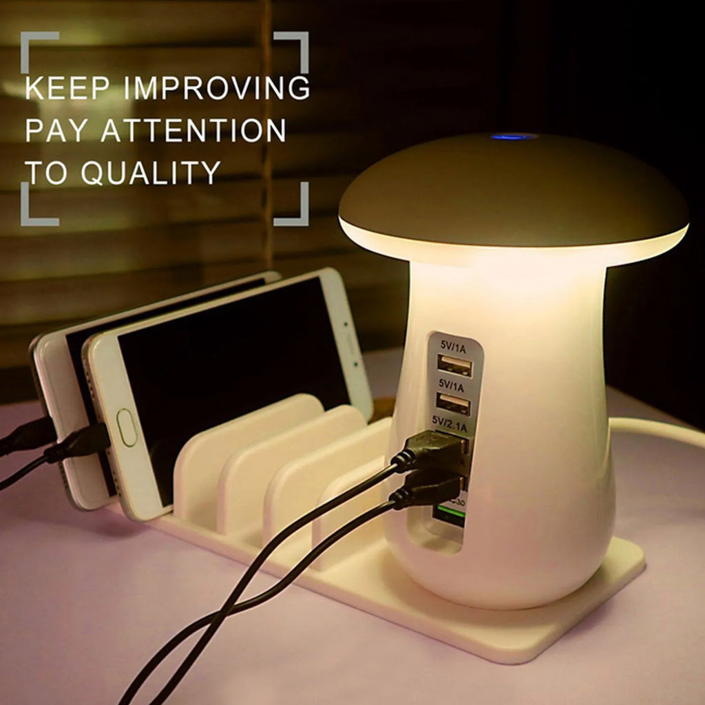 White 5-port USB charging dock station with integrated mushroom-shaped LED night light on a desk