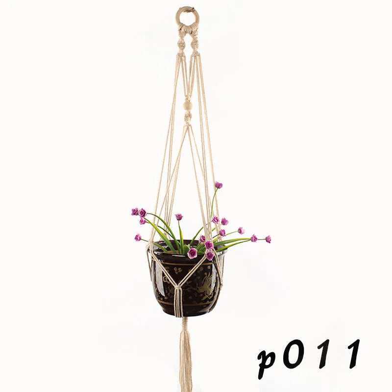 Woven wire plant hanger with cotton rope and jute twine in multiple style configurations