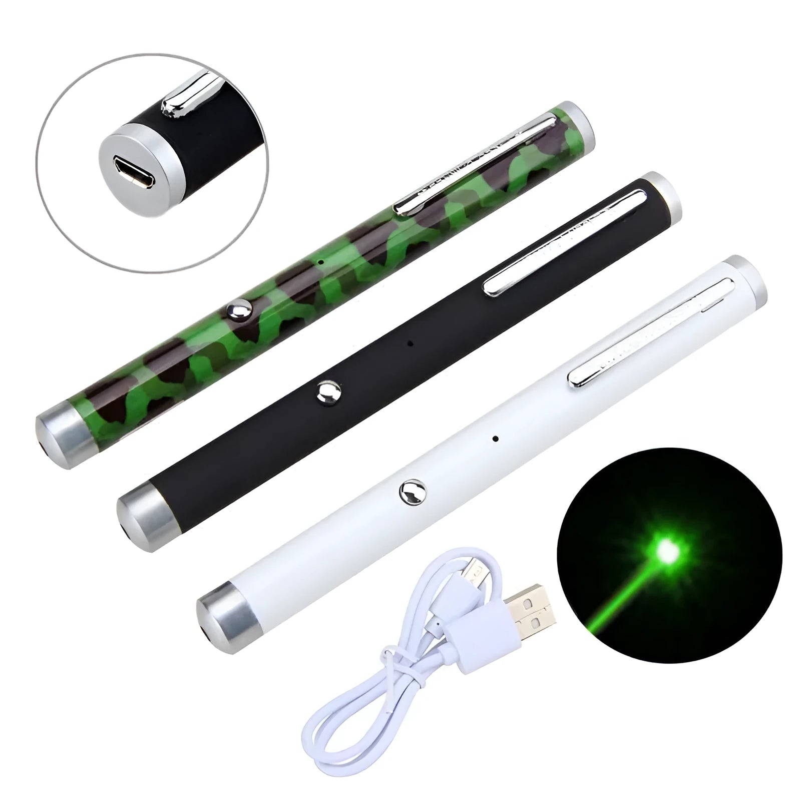 Set of three green laser pointer pens in black, camouflage, and white colours.