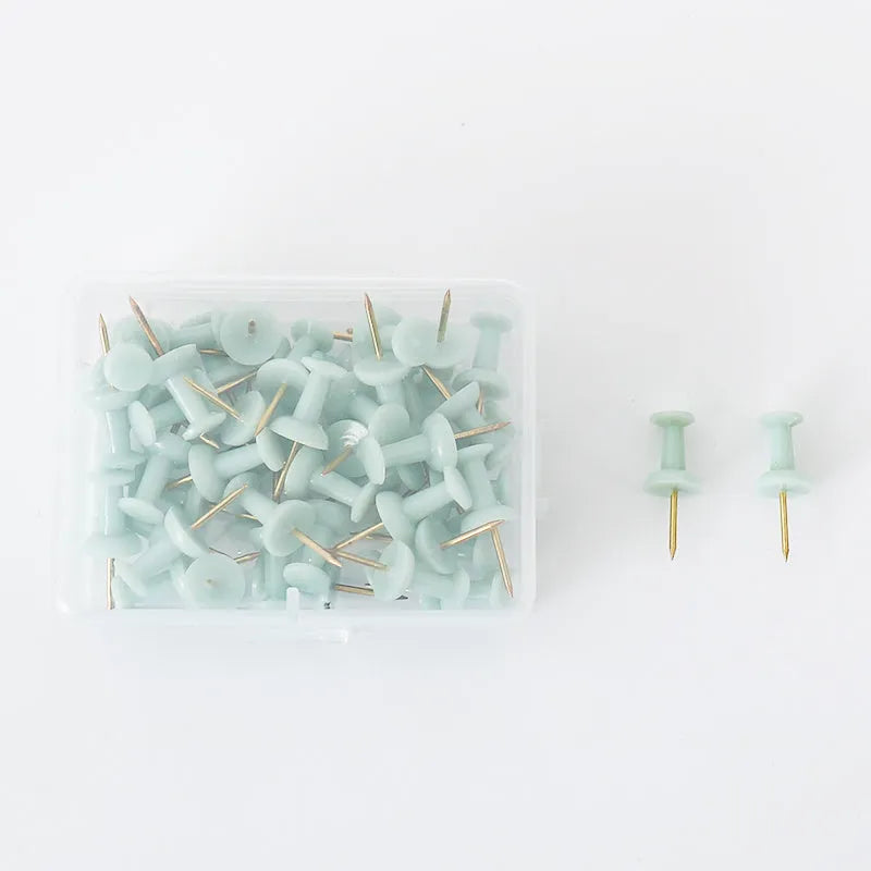 Set of 50 Morandi colour push pins in green and grey with star and button designs