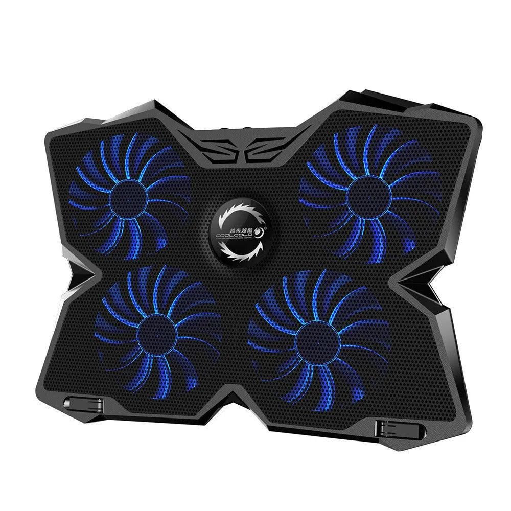 Blue laptop cooling pad with four illuminated LED fans and two USB ports on the front.