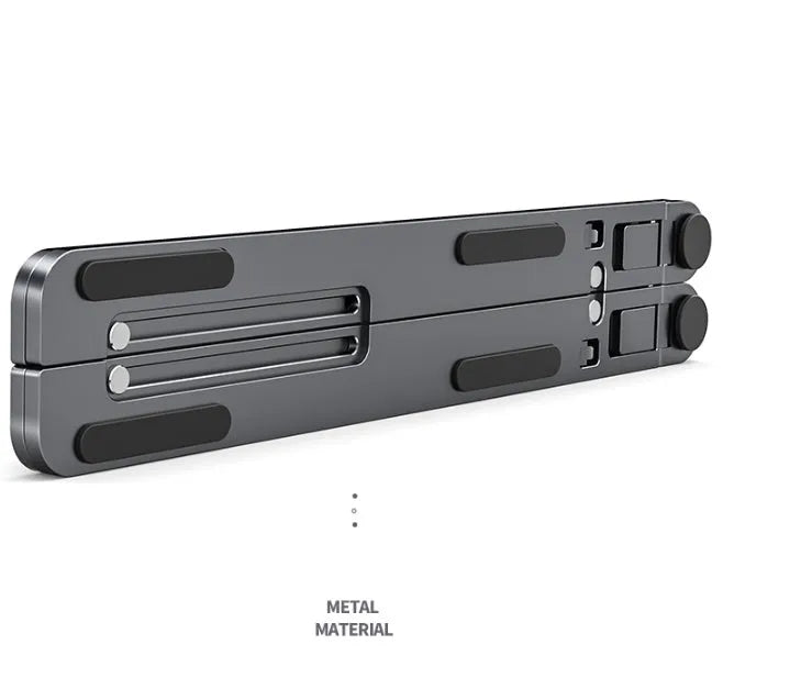 Aluminium laptop stand folded and unfolded showing adjustable height mechanism in silver finish