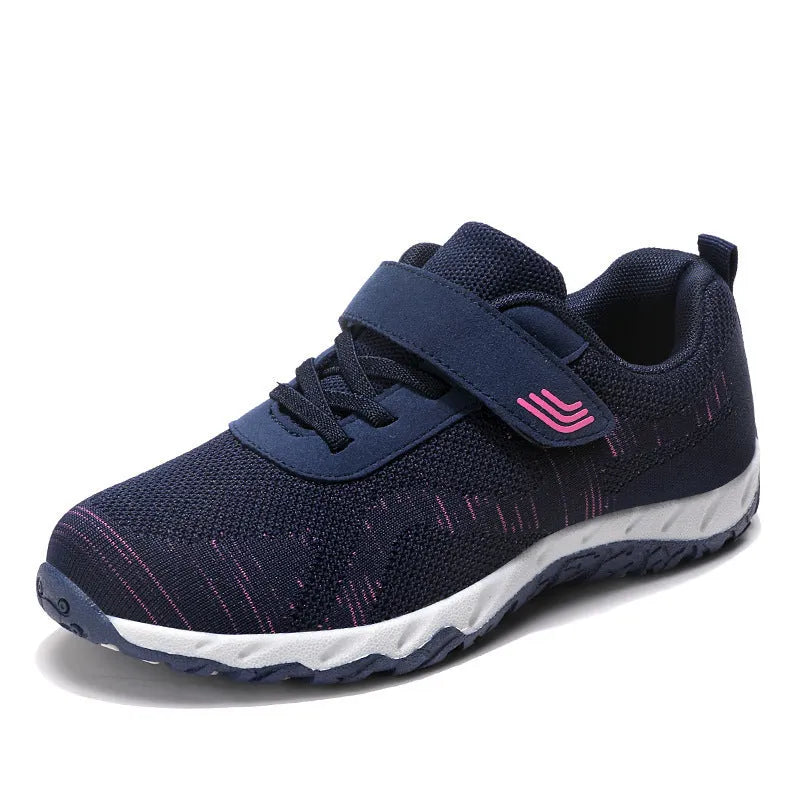 Women's low-top wedge heel shoes with mesh upper and Velcro strap in grey purple colour