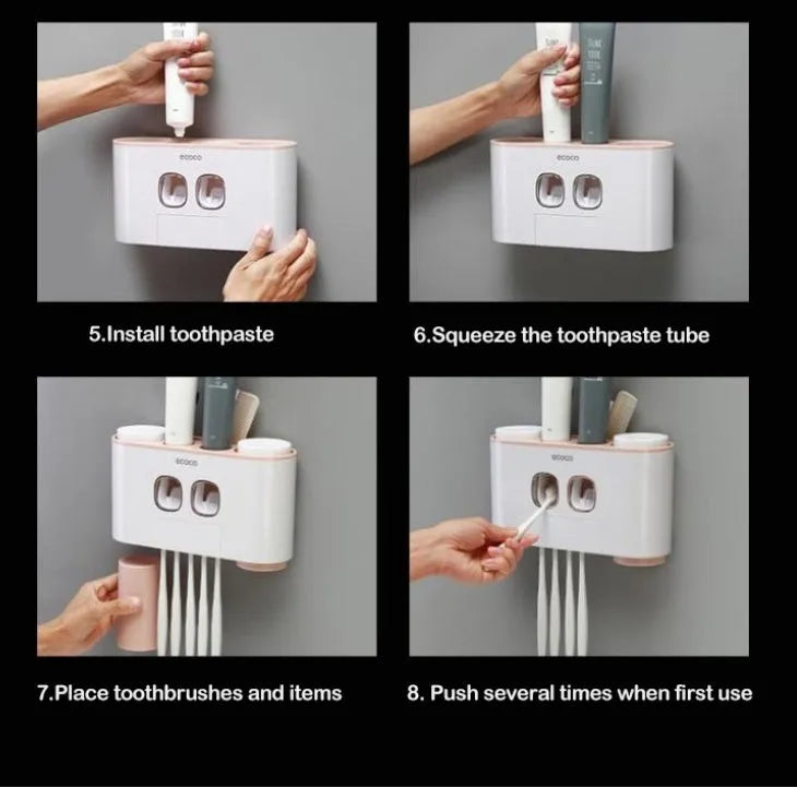 Plastic wall-mounted toothbrush holder with four magnetic cups in pink, blue, and green for family bathroom