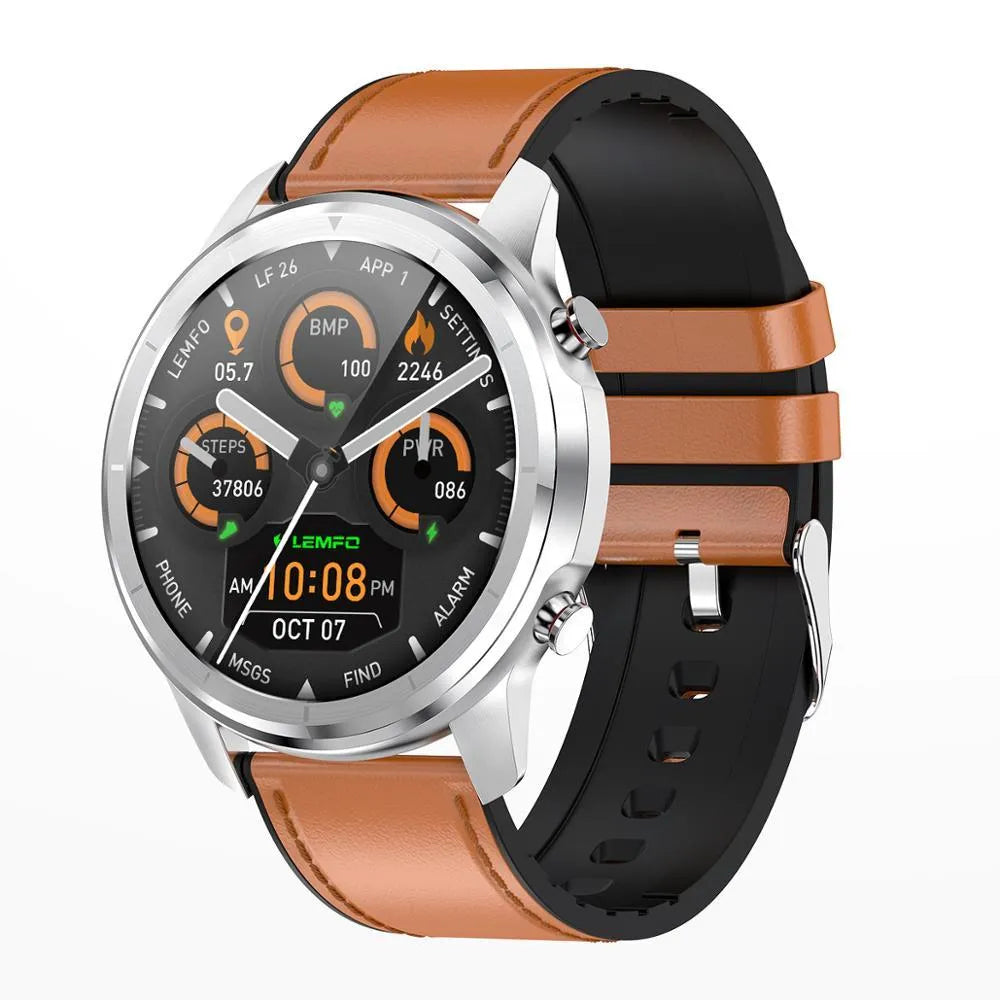 LEMFO LF26 smart bracelet showing its 1.3-inch screen, worn on a wrist, available in black, brown silver, and silver colours.