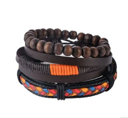 Hand-woven brown leather wrap bracelet with wooden beads on a 6cm adjustable band.