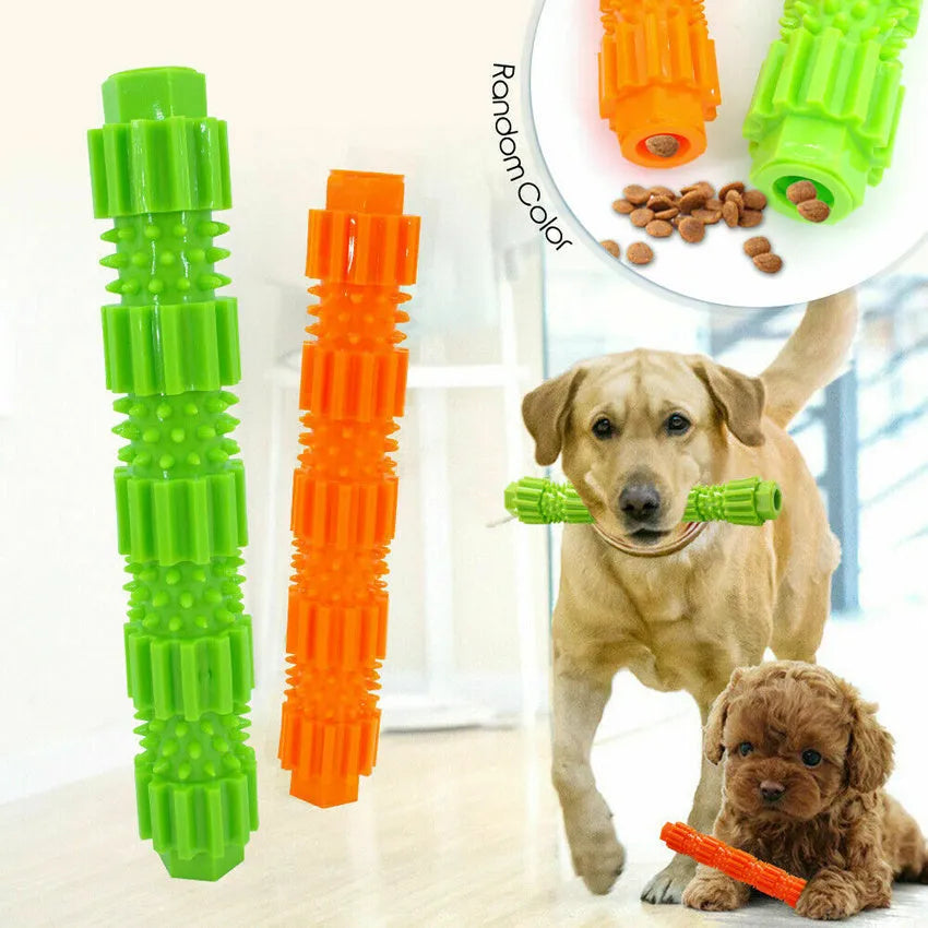 Green and orange rubber dog chew toy with hollow centre for treat dispensing