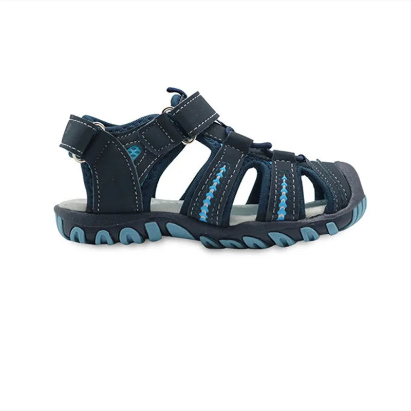 Blue summer boy beach shoes with Velcro fastening and non-slip rubber sole
