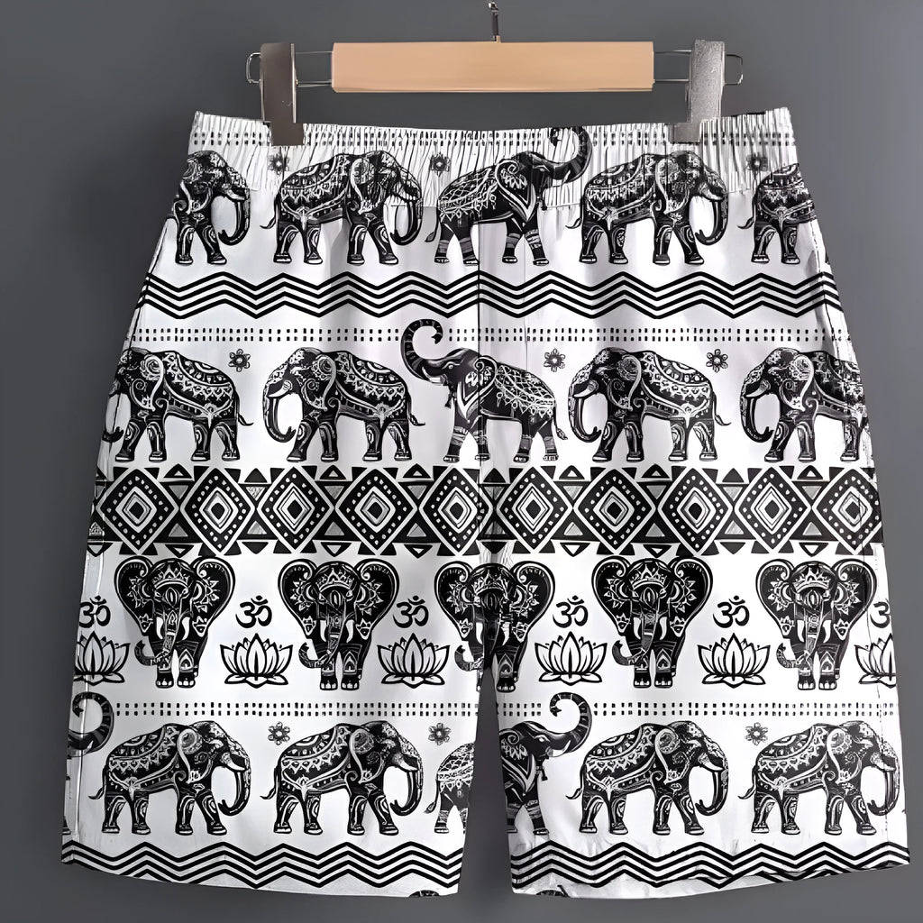 Men's casual polyester shorts in various patterns with Asian sizing from S to 5XL