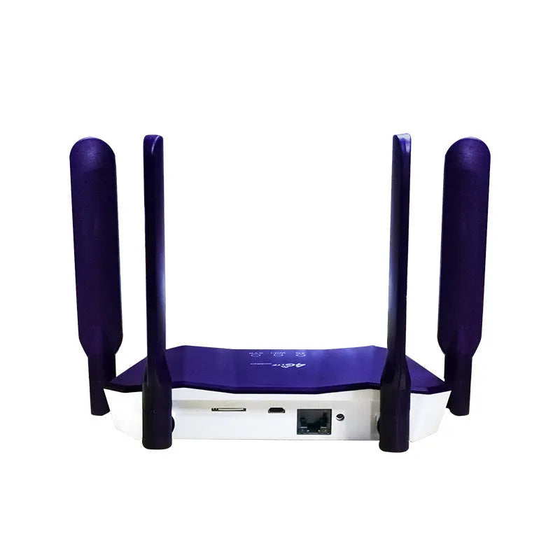Blue 4G dual mode router with four external antennas showing EU and US model variants