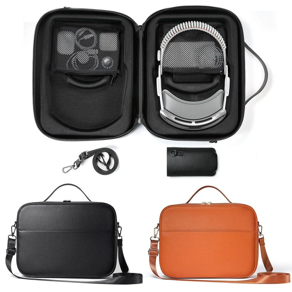 Black superfiber MR glasses storage box for Apple Vision Pro, shown with included storage bag.