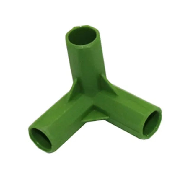 Two plastic plant support connectors with three-way and four-way joints for garden stake pillars