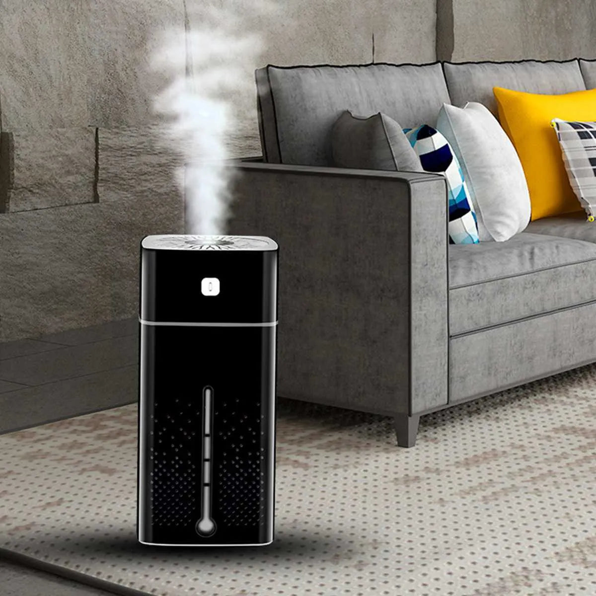 Black and white desktop humidifier measuring 103x103x218mm with USB connection port