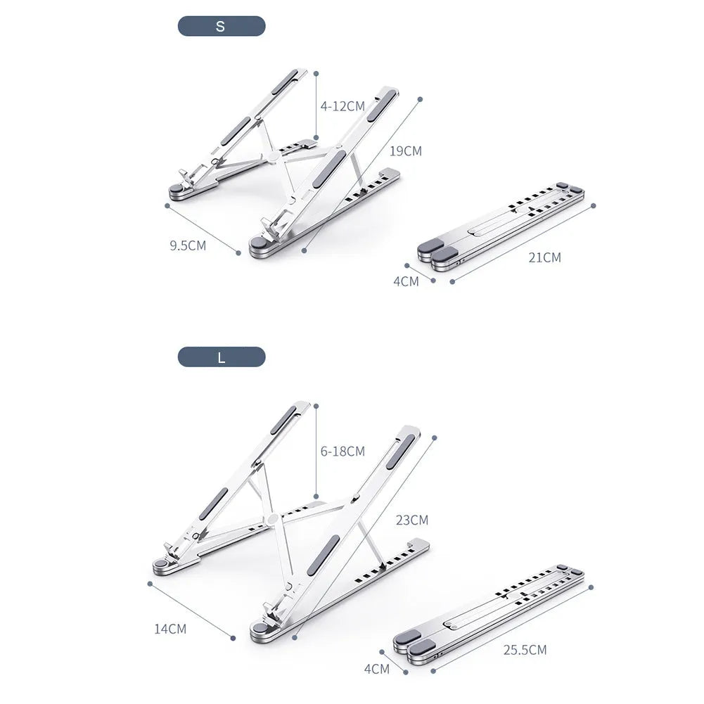 Aluminium laptop stand folded and unfolded showing adjustable height mechanism in silver finish