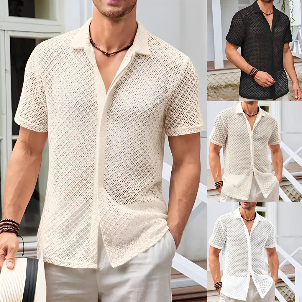 Men's short sleeve lapel cardigan shirt in cotton blend fabric for summer wear