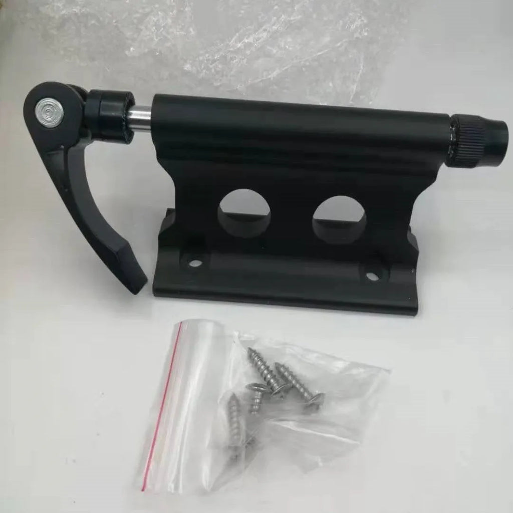 Silver metal quick release clamp for attaching a rack to a bicycle front fork.