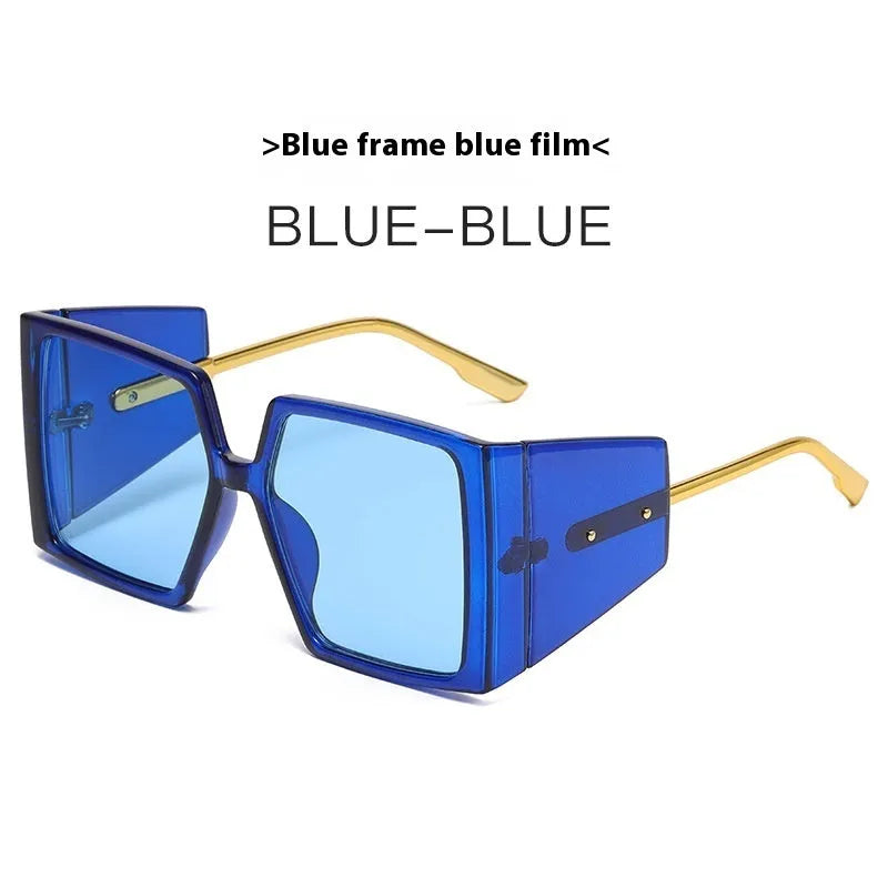 Large square frame metal sunglasses showing available colour options on an adult face.