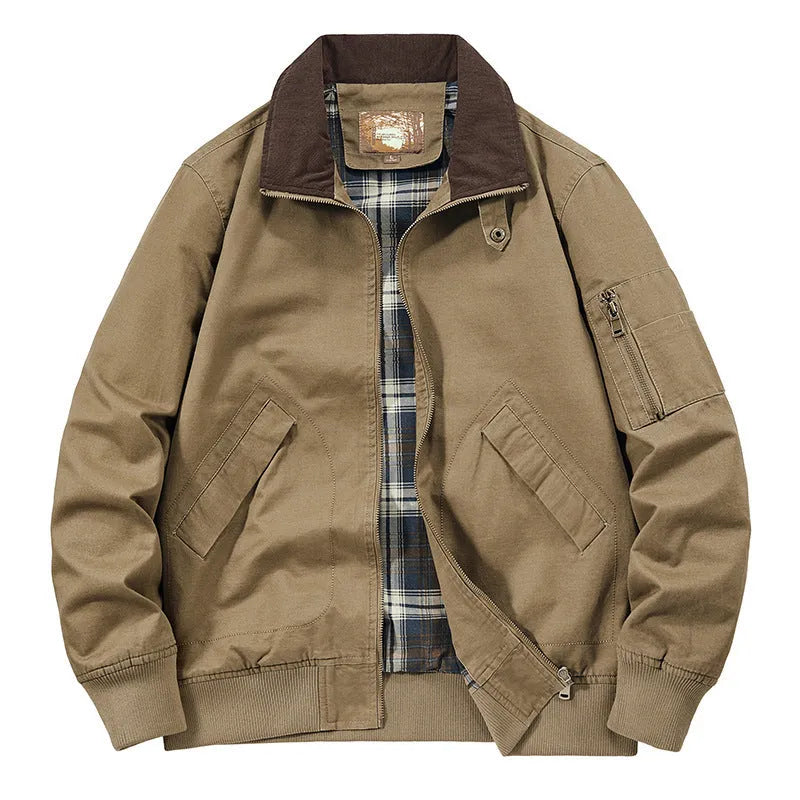 Men's plus size washed cotton baseball flight jacket in camel colour