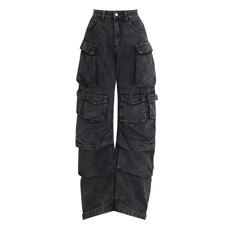 Women's high waist wide leg jeans in street hipster style with multiple pockets