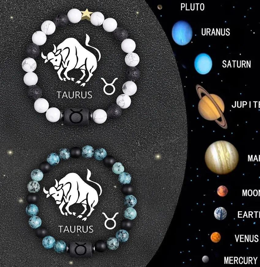 Set of twelve natural stone beaded bracelets, each with a zodiac sign charm, on a white background.