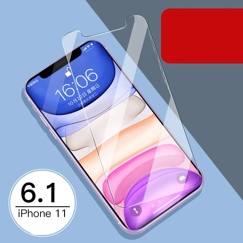 Tempered glass screen and rear camera protectors for Apple iPhone models on a white background.