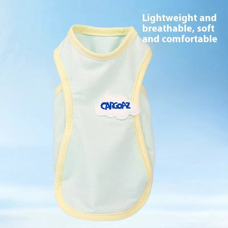 Thin polyester pet vest in grass green or taro purple for cats, sports style summer clothing with anti-lint features.