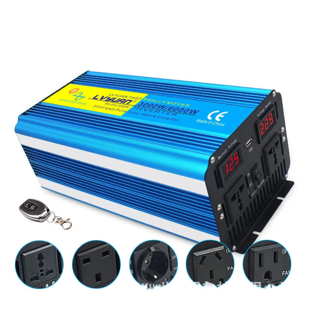 Blue car power inverter with digital display and UK sockets