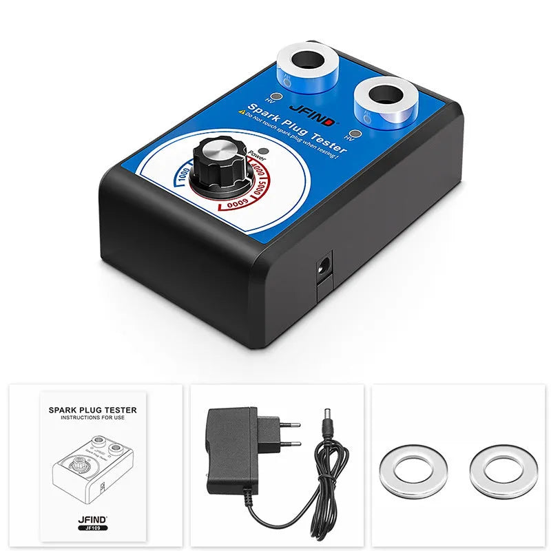 Car ignition fault detector diagnostic tool for testing spark plugs on a workbench.