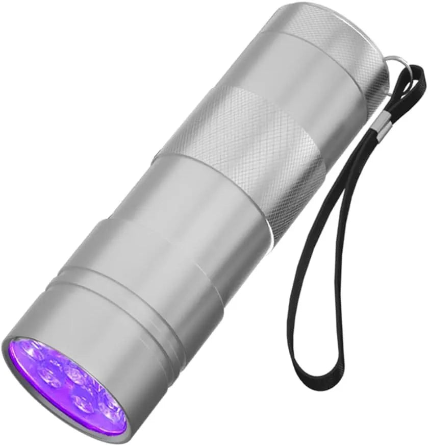 Black handheld UV flashlight torch with aluminium body for detecting pet urine stains and insects.
