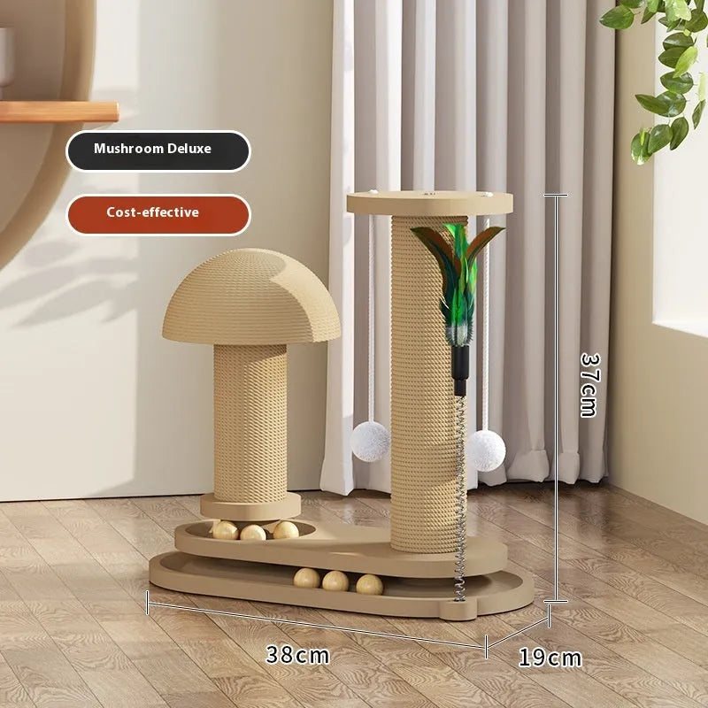 Solid wood cat turntable scratching post with climbing frame in natural timber construction