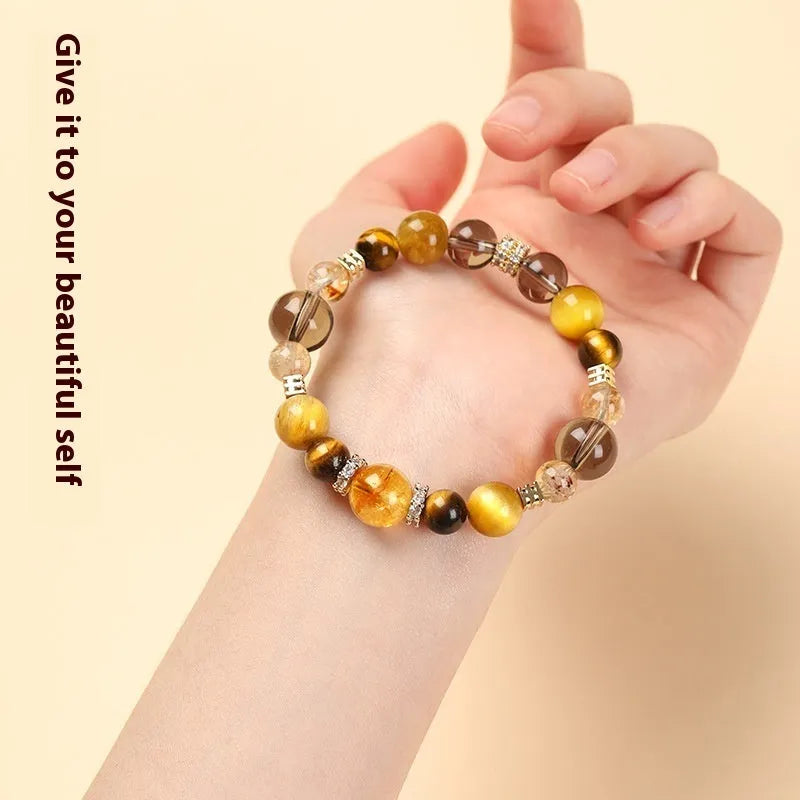 Yellow tiger-eye crystal bracelet with geometric beads in K-boxing pattern