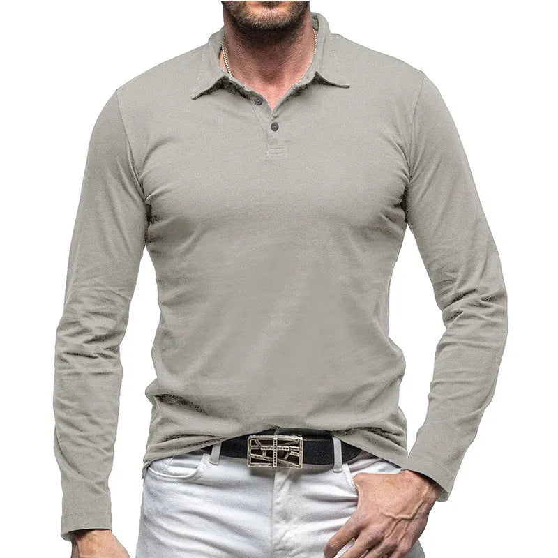 Men's dark gray cotton polo collar long sleeve t-shirt in American Retro style