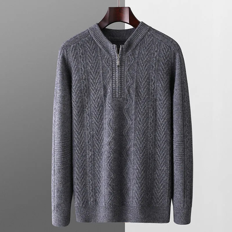 Men's pure wool half-zip sweater with diamond lattice pattern in milky white colour showing front view