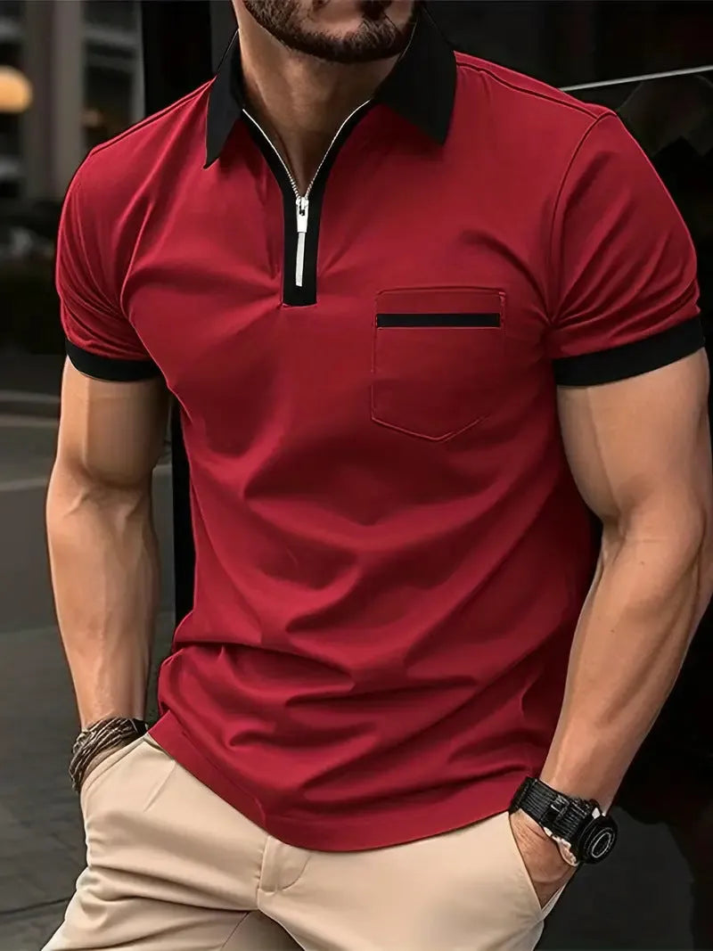 Men's loose fit casual short sleeve shirt with chest pocket and zipper decoration